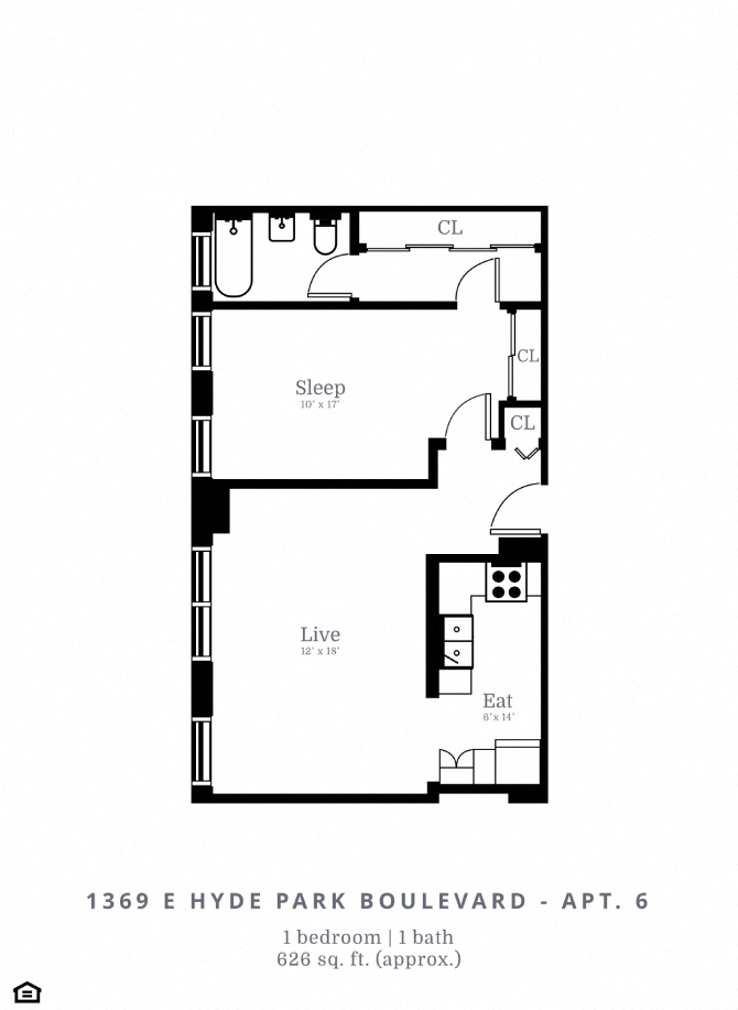 Floor plan for 1 bed, 1 bath, 626 sqft